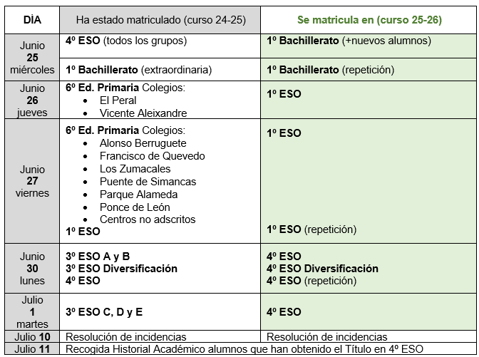 25 junio CALENDARIO MATÍCULA